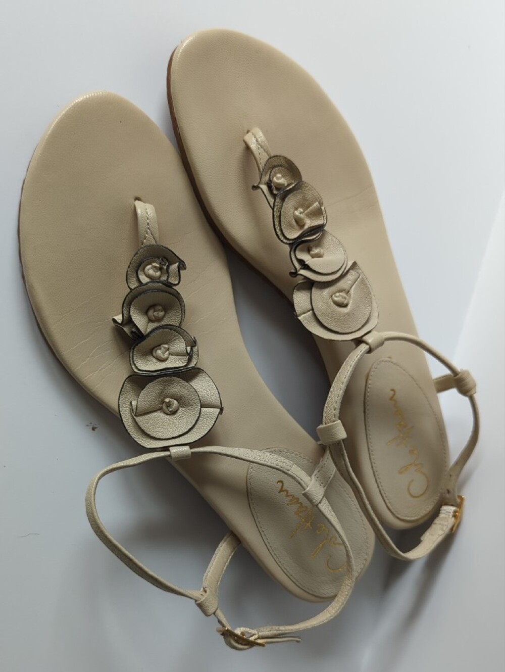 Cole Haan Ivory Feminine Floral T-Strap Sandals